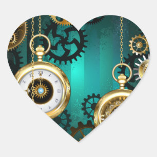Pegatina En Forma De Corazón Reloj de joyería Steampunk sobre un fondo verde
