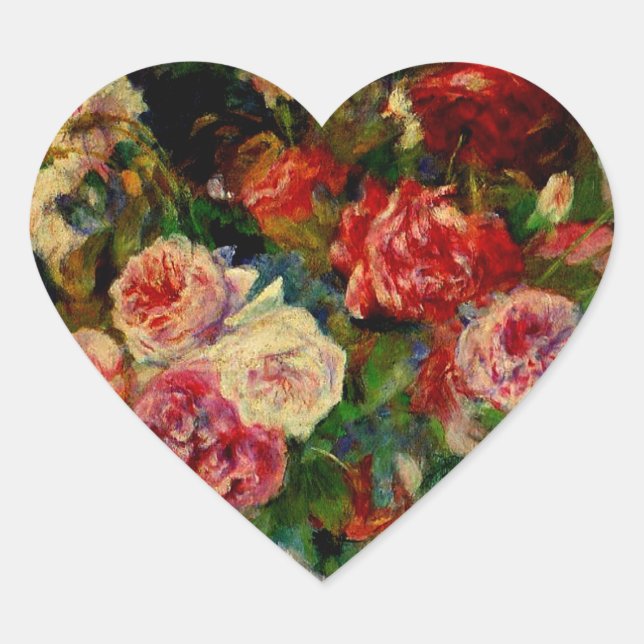 Pegatina En Forma De Corazón Renoir - Rosas, pintura famosa, (Anverso)
