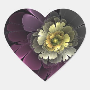 Pegatina En Forma De Corazón Resumen de la flor fractal gris purpur moderna