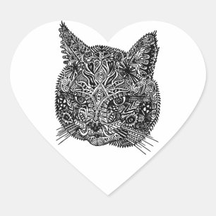 Pegatina En Forma De Corazón Retrato de gato ornamental blanco y negro