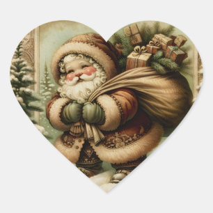 Pegatina En Forma De Corazón Retro Santa Claus con regalos