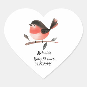 Pegatina En Forma De Corazón Robin escarlata en Branch Woodland Bird Baby Showe
