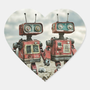 Pegatina En Forma De Corazón Robots Retro Lindos Enamorados Tomados de la Mano