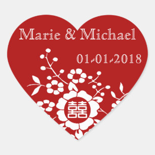 Pegatina En Forma De Corazón Rojo ・ Flores cortadas de papel ・ Felicidad doble