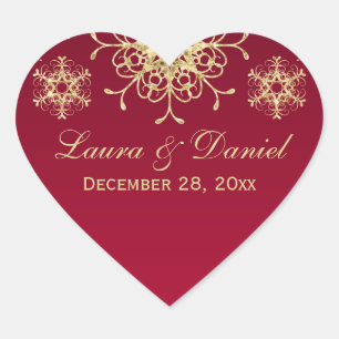 Pegatina En Forma De Corazón Rojo, Purpurina de oro parece Boda de copo de niev