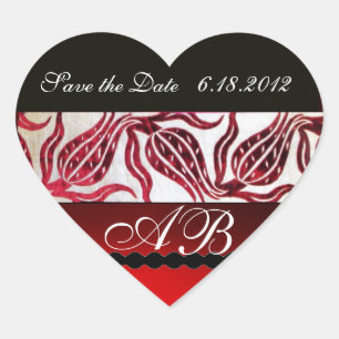 Pegatina En Forma De Corazón ROJO VELVET DAMASK TULIPS MONOGRAM Borgoña Blanco
