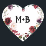 Pegatina En Forma De Corazón Romántico acuarela burdeos rosa floral rojo rubor<br><div class="desc">Elegante y moderno sello de sobre de invitación de boda floral de acuarela romántica con un ramo de rosas de acuarela de color burdeos / marsala, rosa pálido, púrpura y melocotón con follaje a juego. Perfecto para una boda de otoño / mediados de verano. Por favor, busque más diseños y...</div>