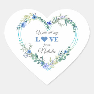 Pegatina En Forma De Corazón Romántico Bridal Shower Blue Floral Watercolor