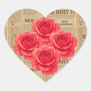 Pegatina En Forma De Corazón Rosa de época sobre papel antiguo