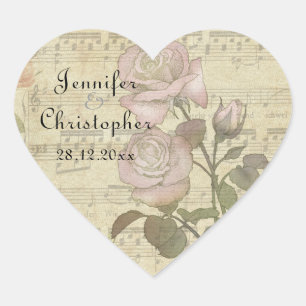 Pegatina En Forma De Corazón Rosa de época y juego de bodas de partituras de mú