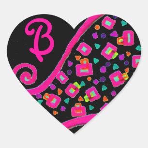 PEGATINA EN FORMA DE CORAZÓN ROSA FUCHSIA BLACK ABSTRACT DECO MONOGRAM