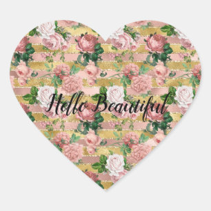 Pegatina En Forma De Corazón Rosa Gold Glam Glitz Rosas Bandas Florales