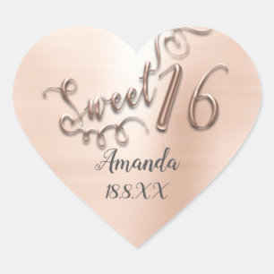 Pegatina En Forma De Corazón Rosa Gold Sweet 16th Rubor Heart Name Date