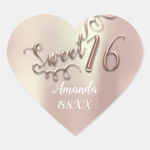 Pegatina En Forma De Corazón Rosa Gold Sweet 16th Script Heart Name Date