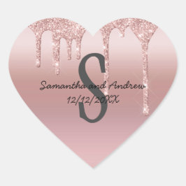 Pegatina En Forma De Corazón Rosa Monograma Purpurina Dorado Boda rosa Rubor