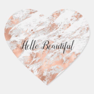 Pegatina En Forma De Corazón Rosa Oro Mármol Blanco Glitzy