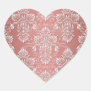 Pegatina En Forma De Corazón Rosa Salmón Peachy Damask Femenino