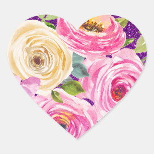 Pegatina En Forma De Corazón Rosas acuarela en rosa y crema con brillo púrpura