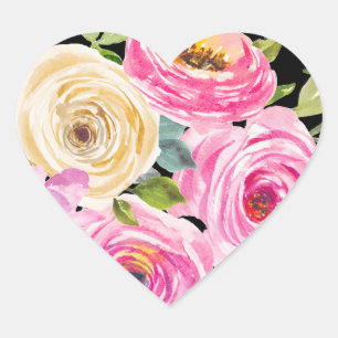 Pegatina En Forma De Corazón Rosas acuarela en rosa y crema sobre negro