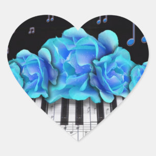 Pegatina En Forma De Corazón Rosas azules Piano Keyboard and Music Notes