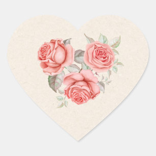 Pegatina En Forma De Corazón Rosas Coral de Melocotón Vintage Hojas Verdes Boda
