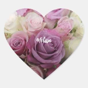 Pegatina En Forma De Corazón Rosas moradas y blancas personalizadas floral romá