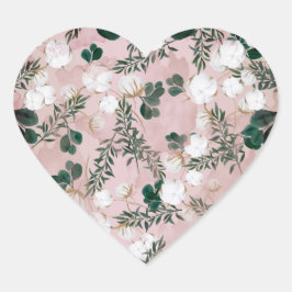 Pegatina En Forma De Corazón Rubor Taupe Algodón Floral Verdor Rústico Boda