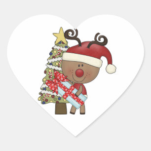 Pegatina En Forma De Corazón Rudy Reindeer Holiday Tree