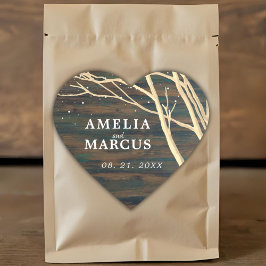 Pegatina En Forma De Corazón Rústico Boda de guión blanco en árbol de invierno 