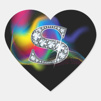 Pegatina En Forma De Corazón "S" Diamond Bling sobre Rainbow Swirl Heart Pegati