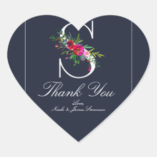 Pegatina En Forma De Corazón S Monograma Inicial Última Floral Moderna Azul Bod