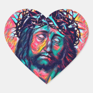 Pegatina En Forma De Corazón Sad Jesus Christ Face Thorn Crown Abstract art
