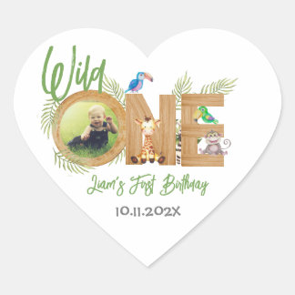 Pegatina En Forma De Corazón Safari Wild One First Birthday Photo Animals Wood