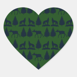 Pegatina En Forma De Corazón Salvajes Lobos Lobos Pinos Armados Verdes Rústicos