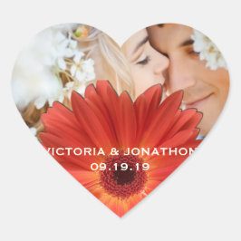Pegatina En Forma De Corazón Save the Date Photo Naranja Gerber Daisy Boda
