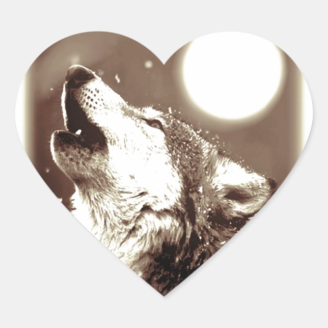 Pegatina En Forma De Corazón Sepia Wolf & Moon (Anverso)
