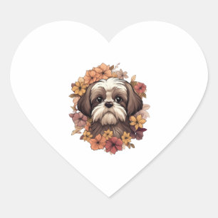 Pegatina En Forma De Corazón Shih Tzu en la típica camiseta de flores otoñales
