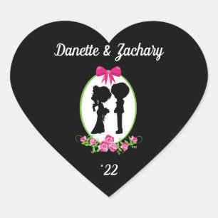 Pegatina En Forma De Corazón Silhouettes de novia y de Groom con nombres de año