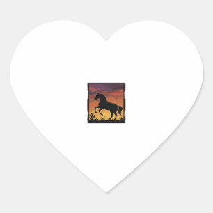 Pegatina En Forma De Corazón Silueta de caballo de puesta de sol vintage grabad