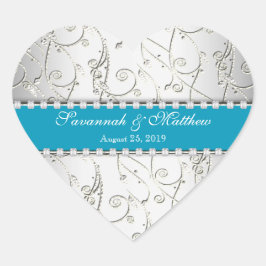 Pegatina En Forma De Corazón Silver Save the Date Hawaiian Blue Boda Seal