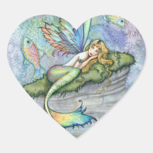 Pegatina En Forma De Corazón Sirena Colorida y Pez Carpa Arte de Fantasía