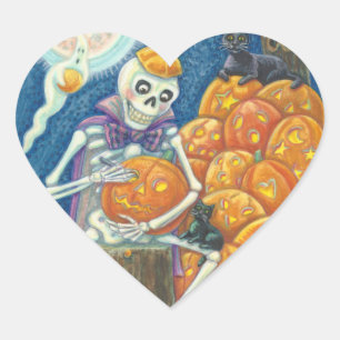 PEGATINA EN FORMA DE CORAZÓN SKELETON, GATOS NEGROS CUBIERTOS, HOJA DE PEGATINA