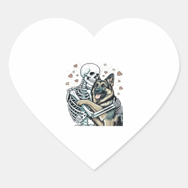 Pegatina En Forma De Corazón Skeleton Hugging a German Shepherd � Unique Gothic (Anverso)