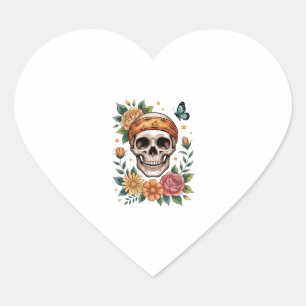 Pegatina En Forma De Corazón Skull Floral Halloween Spooky