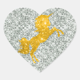 Pegatina En Forma De Corazón Sparkly Gold Unicorn sobre Purpurina plateado