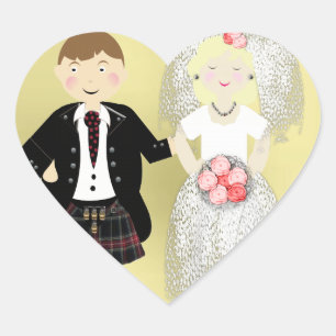 Pegatina En Forma De Corazón Sr. y Sra. Cute Bride y Kilted Groom