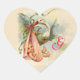 PEGATINA EN FORMA DE CORAZÓN STORK BABY SHOWER MONOGRAM ,