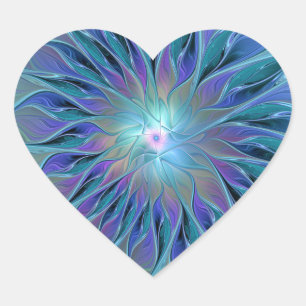 Pegatina En Forma De Corazón Sueño de Flor Púrpura Azul Arte Fractal Abstracto