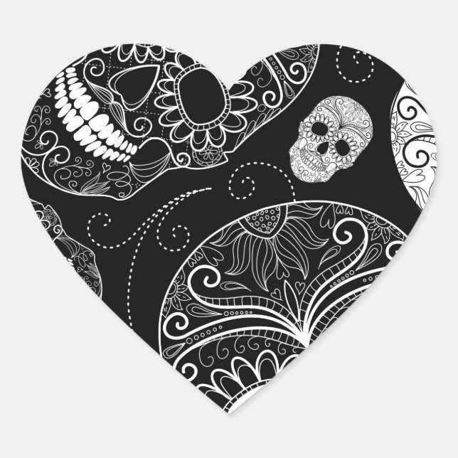 Pegatina En Forma De Corazón Sugar Skull BW (Anverso)