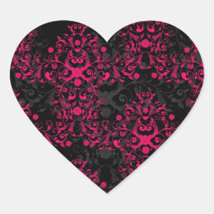 Pegatina En Forma De Corazón Sulfuroso damasco floral rosa y negro
